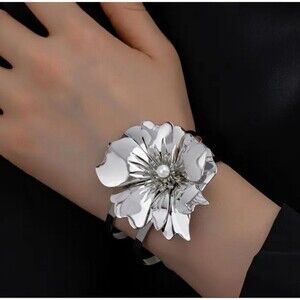 Bohemian BOHO Silver Flower Adjustable Cuff Bracelet Floral